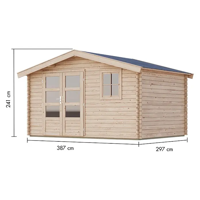 Karibu Gartenhaus Felsenau 5 - Außenmaß inkl. Dachüberstand (B x T): 407 x 320 cm, Holz, Natur - Holzgartenhaus mit Doppeltür, einem Fenster und blauem Dach. Maße: 241h x 387b x 297t cm.