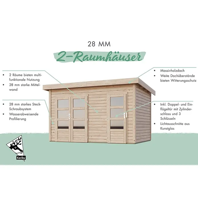 Karibu Gartenhaus Tintrup - Außenmaß inkl. Dachüberstand (B x T): 396 x 273 cm, Holz, Terragrau, Weiß - Zweiräumiges Gartenhaus aus Naturholz mit Massivholzdach, 28 mm Wänden und Doppeltür mit Zylinderschloss.