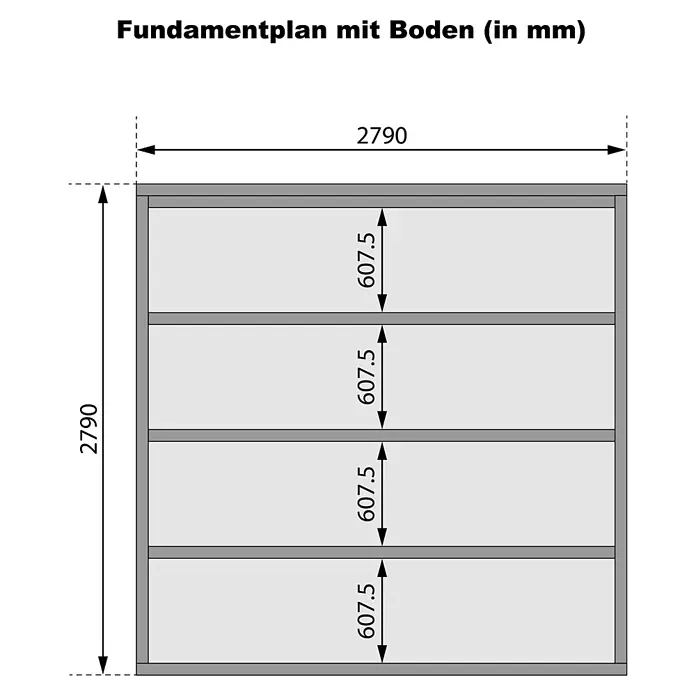 Karibu Gartenhaus Felsenau 3 - Außenmaß inkl. Dachüberstand (B x T): 320 x 320 cm, Holz, Natur - Schema einer rechteckigen Einheit mit vier Böden, Gesamtmaße 2790x2790 mm, Innenhöhen der Böden 607,5 mm.