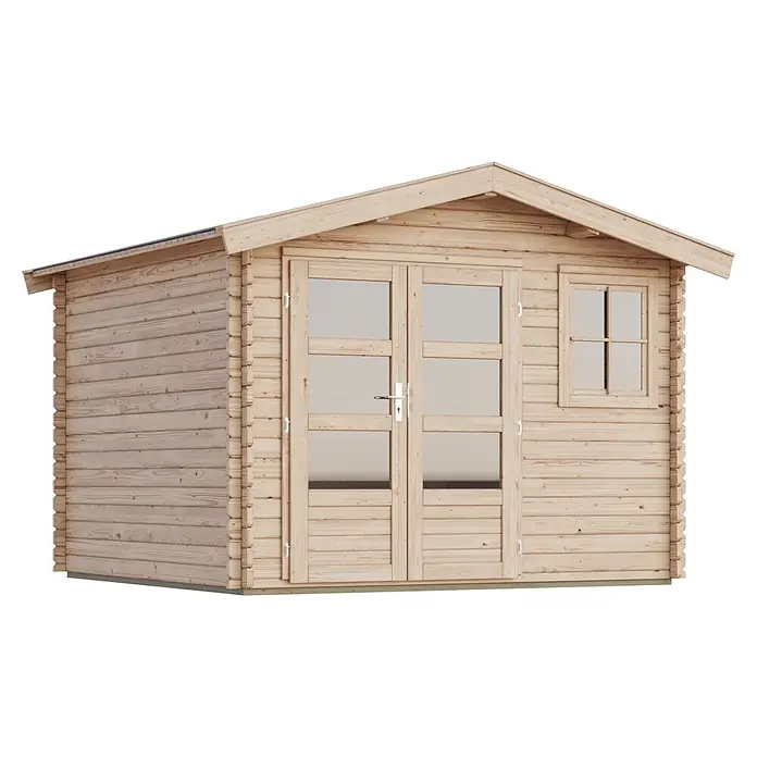 Karibu Gartenhaus Felsenau 3 - Außenmaß inkl. Dachüberstand (B x T): 320 x 320 cm, Holz, Natur - Helles Holzgartenhaus mit doppelten Glastüren und einem kleinen Fenster.