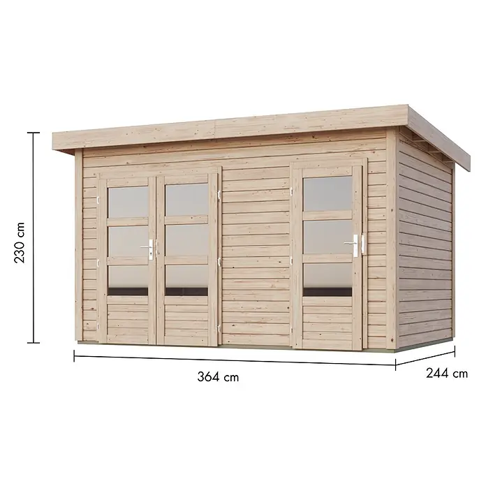 Karibu Gartenhaus Tintrup - Außenmaß inkl. Dachüberstand (B x T): 396 x 273 cm, Holz, Natur - Helles Holzgartenhaus mit verglasten Doppeltüren, Maße 364x244x230 cm.