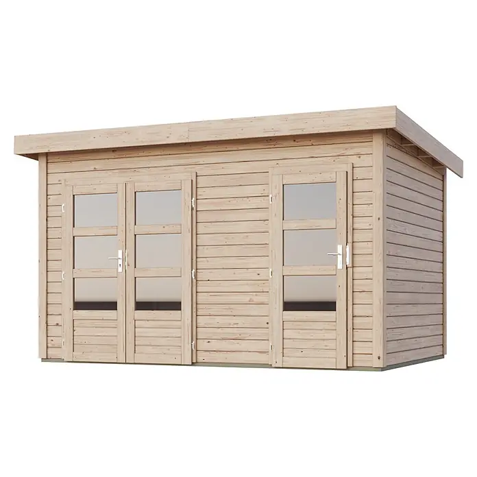 Karibu Gartenhaus Tintrup - Außenmaß inkl. Dachüberstand (B x T): 396 x 273 cm, Holz, Natur - Helles Holz Gartenhaus mit zwei verglasten Doppeltüren und Flachdach.