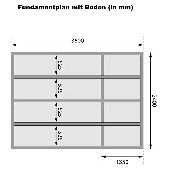 Karibu Gartenhaus Tintrup - Außenmaß inkl. Dachüberstand (B x T): 396 x 273 cm, Holz, Natur - Grauer Fundamentplan mit Boden, 3600x2400mm, detailliert mit internen Sektionsmaßen.