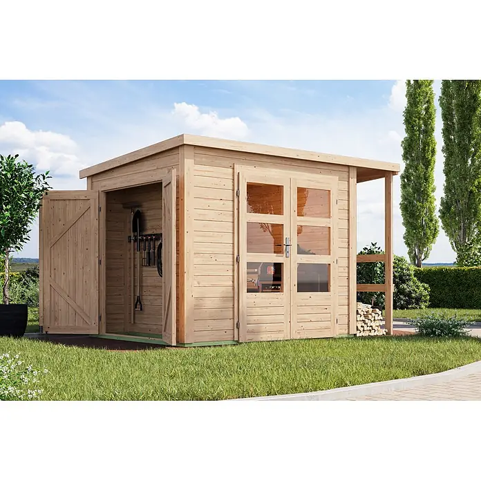 Karibu Gerätehaus Multi - Außenmaß inkl. Dachüberstand (B x T): 319 x 219 cm, Holz, Naturbelassen - Helles Holzgartenhaus mit zwei Abteilen; eines offen mit Werkzeugen, das andere mit Glastüren und Regalen.