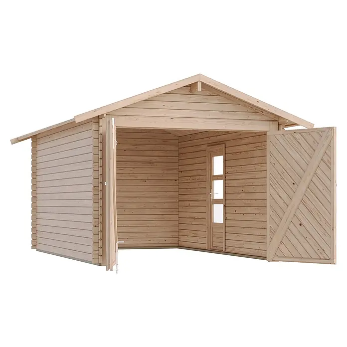 Karibu Garage - Holz, 12 m², Wandstärke: 28 mm - Helles Holz-Gartenhaus mit geöffneten Doppeltüren und einer inneren Einzeltür, die das Innere zeigt.