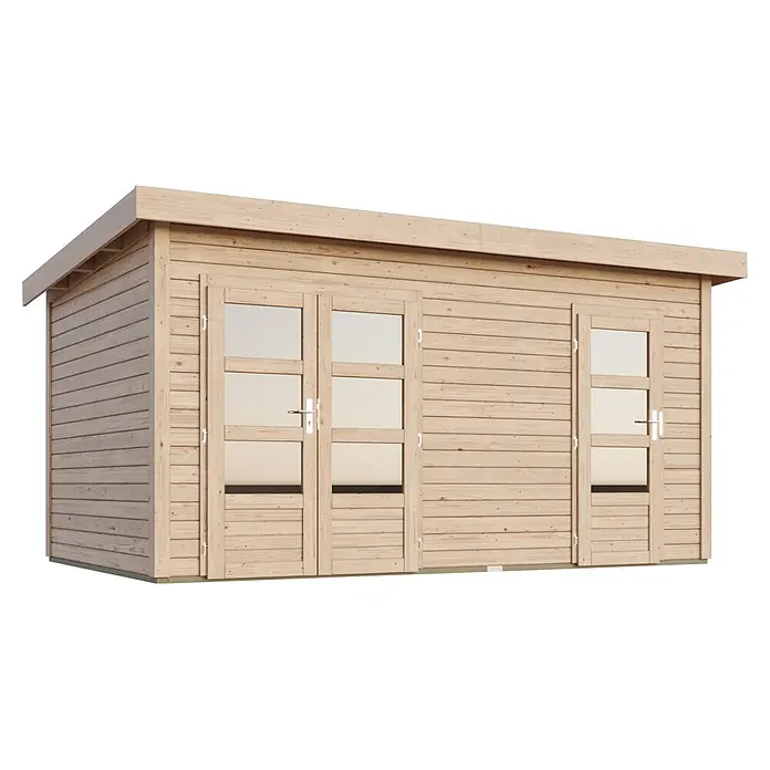 Karibu Gartenhaus Mattrup - Außenmaß inkl. Dachüberstand (B x T): 456 x 303 cm, Holz, Natur - Gartenschuppen aus hellem Naturholz mit zwei Doppeltüren und Glasfeldern, zur Aufbewahrung im Freien.
