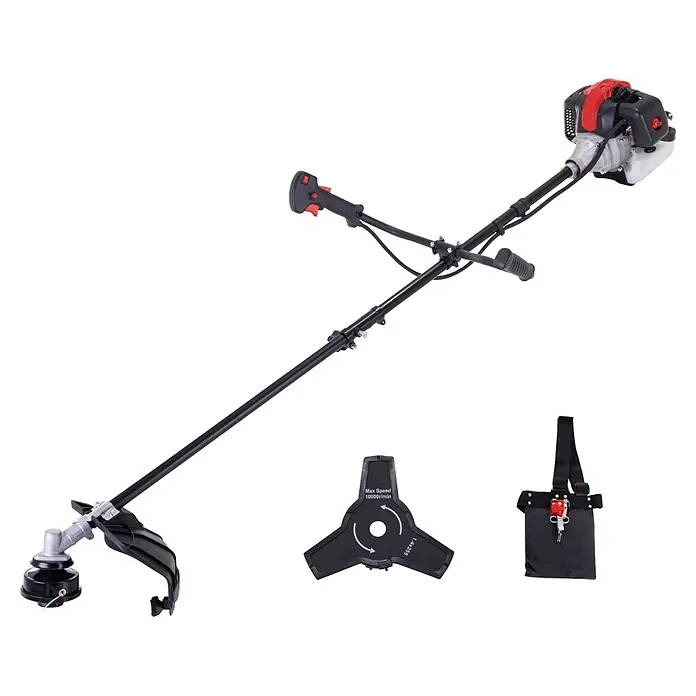 Scheppach Desbrozadora de disco de gasolina PBC330 - 0,9 kW, Ancho de corte hilo: 420 mm, Ancho de corte cuchilla: 255 mm - Desbrozadora negra y roja con cabezal de hilo, un disco de corte de 3 cuchillas y arnés de hombro negro.