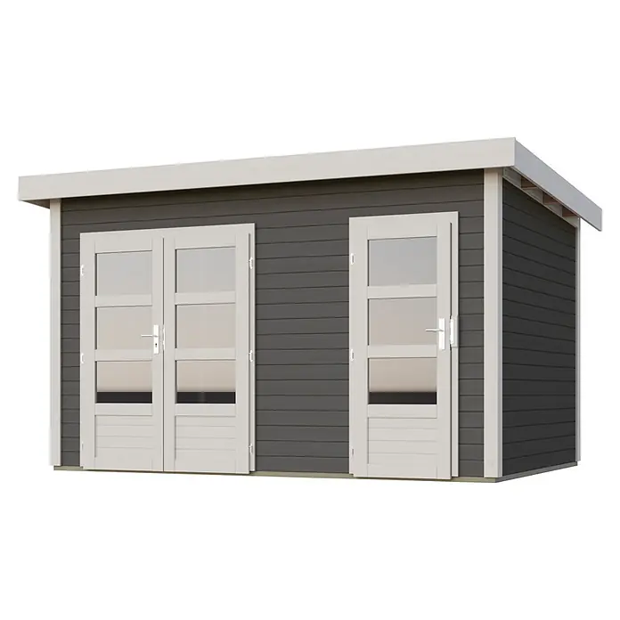 Karibu Gartenhaus Tintrup - Außenmaß inkl. Dachüberstand (B x T): 396 x 273 cm, Holz, Terragrau, Weiß - Dunkelgraues Gartenhaus mit weißem Besatz, einer Doppeltür und einer Einzeltür aus Glas.