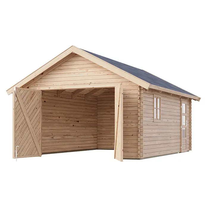 Karibu Garage - Holz, 19,4 m², Wandstärke: 38 mm, Satteldach - Helles Holzgartenhaus mit dunklem Dach, geöffneten Doppeltüren, einem Seitenfenster und einer Seitentür.