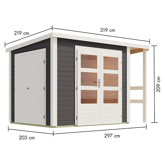 Karibu Gerätehaus Multi - Außenmaß inkl. Dachüberstand (B x T): 319 x 219 cm, Holz, Terragrau - Dunkelgraues Holzgartenhaus mit weißem Rahmen, Seitentür (Tiefe 203cm) und Doppeltür mit Veranda (297cm breit, 209cm hoch).