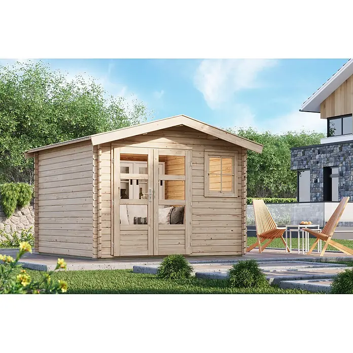 Karibu Gartenhaus Felsenau 3 - Außenmaß inkl. Dachüberstand (B x T): 320 x 320 cm, Holz, Natur - Gartenhaus aus hellem Holz mit Doppeltüren und Fenster, auf Rasen neben modernem Haus.