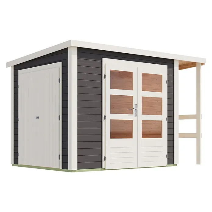 Karibu Gerätehaus Multi - Außenmaß inkl. Dachüberstand (B x T): 319 x 219 cm, Holz, Terragrau - Dunkelgrauer Holzgartenpavillon mit weißen Verzierungen, Doppeltür mit Glaspaneelen, Seitentür und einer kleinen Holzveranda.