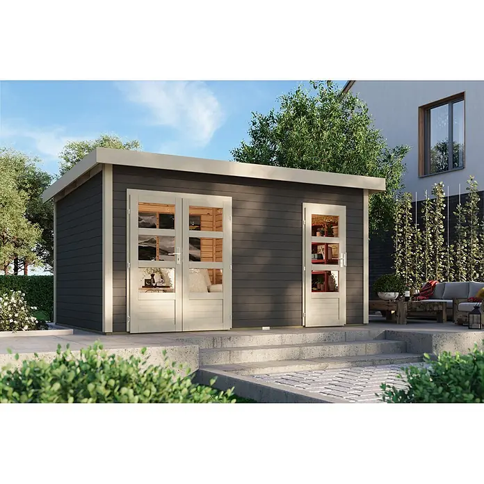 Karibu Gartenhaus Mattrup - Außenmaß inkl. Dachüberstand (B x T): 456 x 303 cm, Holz, Terragrau, Weiß - Dunkelgraues Gartenhaus mit hellen Holzverkleidungen und Glastüren, im Garten mit Terrasse.