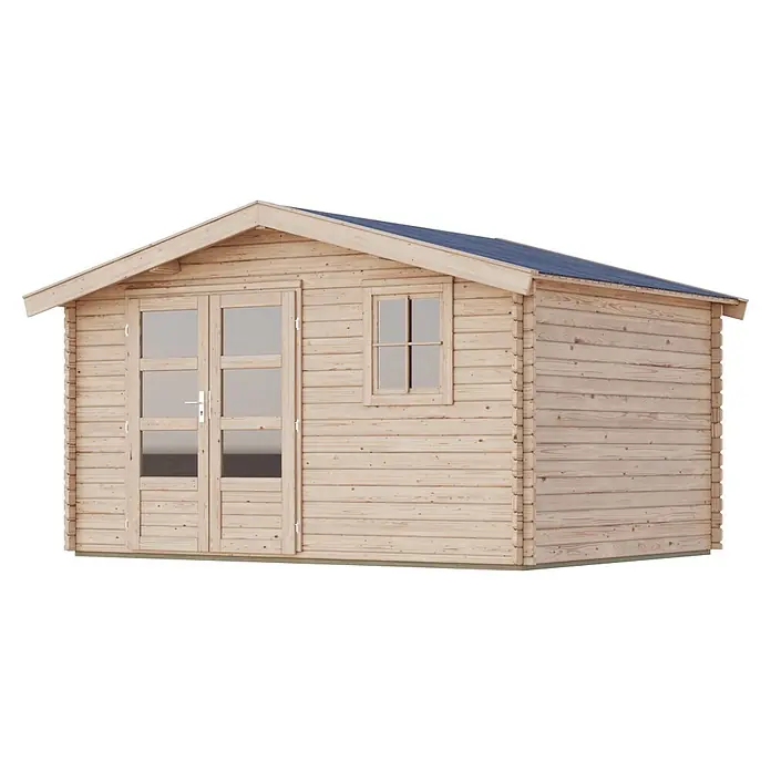 Karibu Gartenhaus Felsenau 5 - Außenmaß inkl. Dachüberstand (B x T): 407 x 320 cm, Holz, Natur - Helles Gartenhaus aus Naturholz mit Doppeltür, Seitenfenster und dunkelblauem Dach.