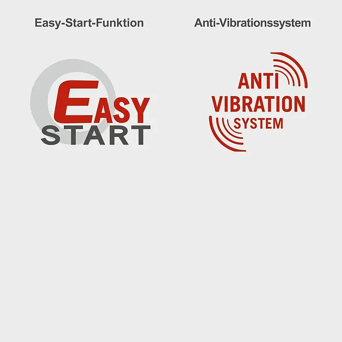 Scheppach Benzin-Multitool PMT520 - 1,4 kW - Easy-Start-Funktion und Anti-Vibrationssystem Logos in Rot und Grau, mit Text und Wellenformen.