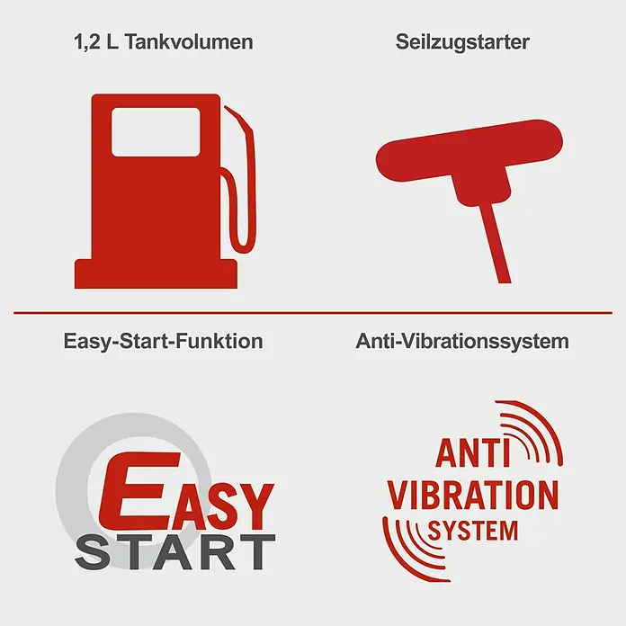 Scheppach Benzin-Freischneider PBC520 - 1,4 kW - Übersicht der Produktmerkmale: 1,2 L Tankvolumen, Seilzugstarter, Easy-Start-Funktion und Anti-Vibrationssystem.