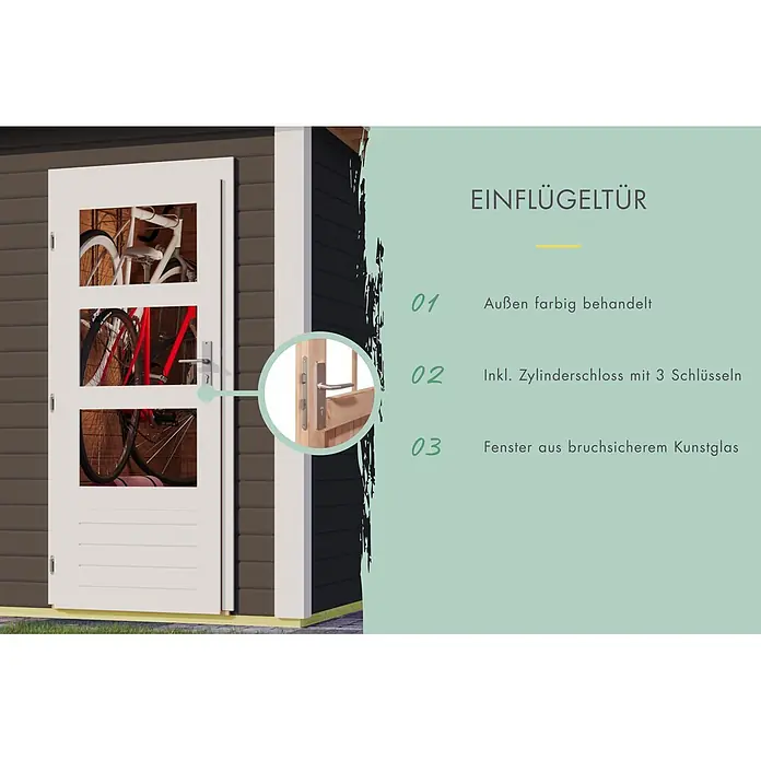 Karibu Gartenhaus Tintrup - Außenmaß inkl. Dachüberstand (B x T): 396 x 273 cm, Holz, Terragrau, Weiß - Weiße Einflügeltür mit bruchsicheren Kunstglasfenstern, Zylinderschloss und farbiger Außenbehandlung.