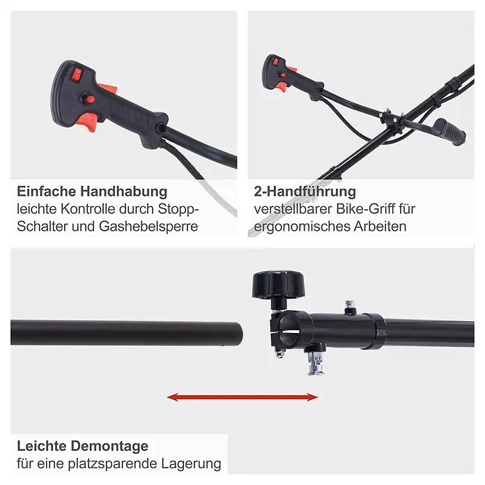 Scheppach Benzin-Freischneider PBC520 - 1,4 kW - Ergonomischer schwarzer Griff mit roten Bedienelementen, verstellbarer Bike-Griff und zweiteilige Welle für einfache Demontage und Lagerung.