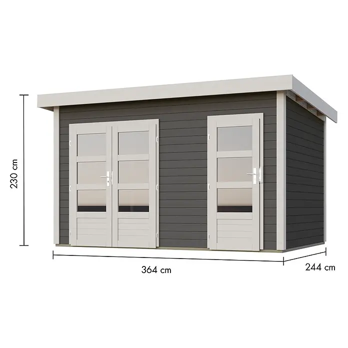 Karibu Gartenhaus Tintrup - Außenmaß inkl. Dachüberstand (B x T): 396 x 273 cm, Holz, Terragrau, Weiß - Dunkelgraues Gartenhaus mit weißen Zierleisten, einer Doppeltür und einer Einzeltür. Maße: 230x364x244 cm.