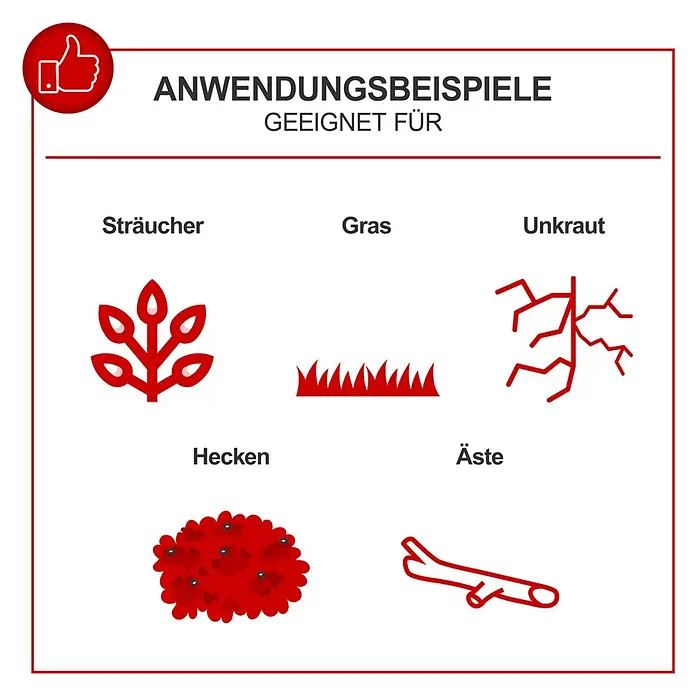 Scheppach Benzin-Multitool PMT520 - 1,4 kW - Grafik mit Anwendungsbeispielen für Gartengeräte: Sträucher, Gras, Unkraut, Hecken, Äste.