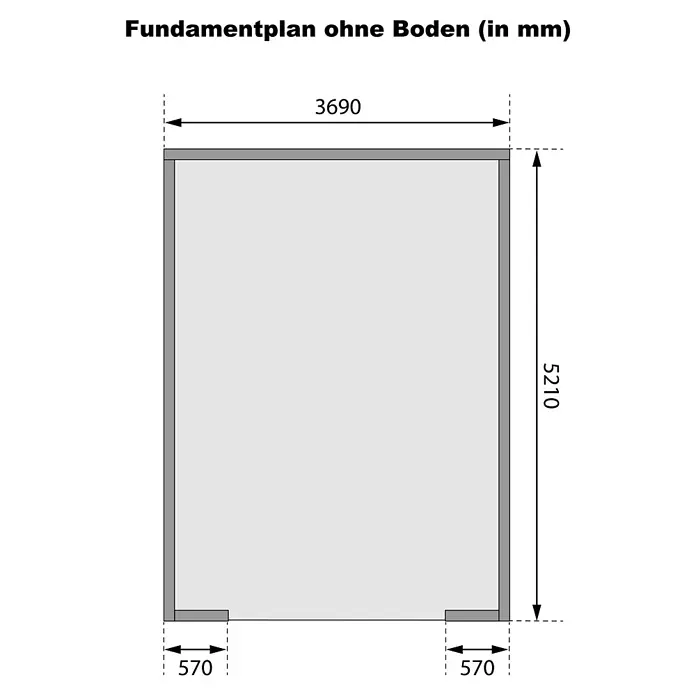 Karibu Garage - Holz, 19,4 m², Wandstärke: 38 mm, Satteldach - Fundamentplan mit den Außenmaßen 3690x5210 mm und zwei 570 mm breiten Aussparungen unten.