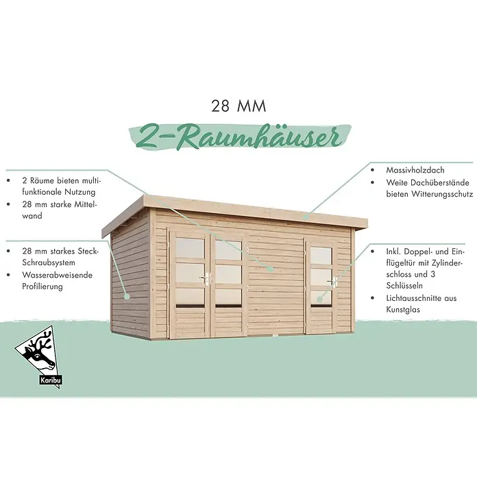 Karibu Gartenhaus Mattrup - Außenmaß inkl. Dachüberstand (B x T): 456 x 303 cm, Holz, Terragrau, Weiß - Helles 2-Raum Gartenhaus aus Holz mit Flachdach und zwei Doppelflügeltüren mit Glaseinsätzen und silbernen Griffen.