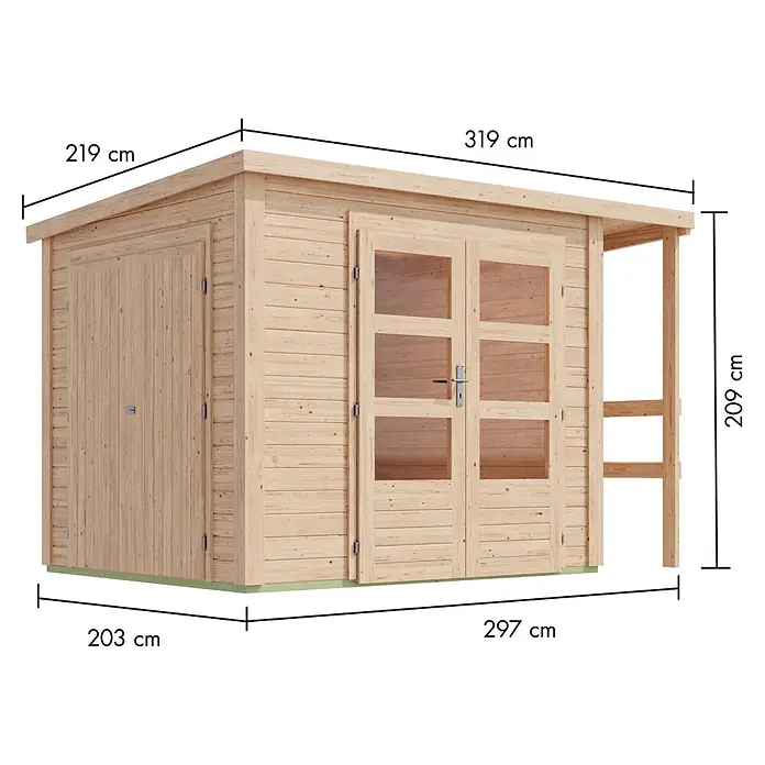 Karibu Gerätehaus Multi - Außenmaß inkl. Dachüberstand (B x T): 319 x 219 cm, Holz, Naturbelassen - Helles Gartenhaus aus Holz mit Doppeltür, Einzeltür und integriertem Anbau, inklusive Maßangaben.