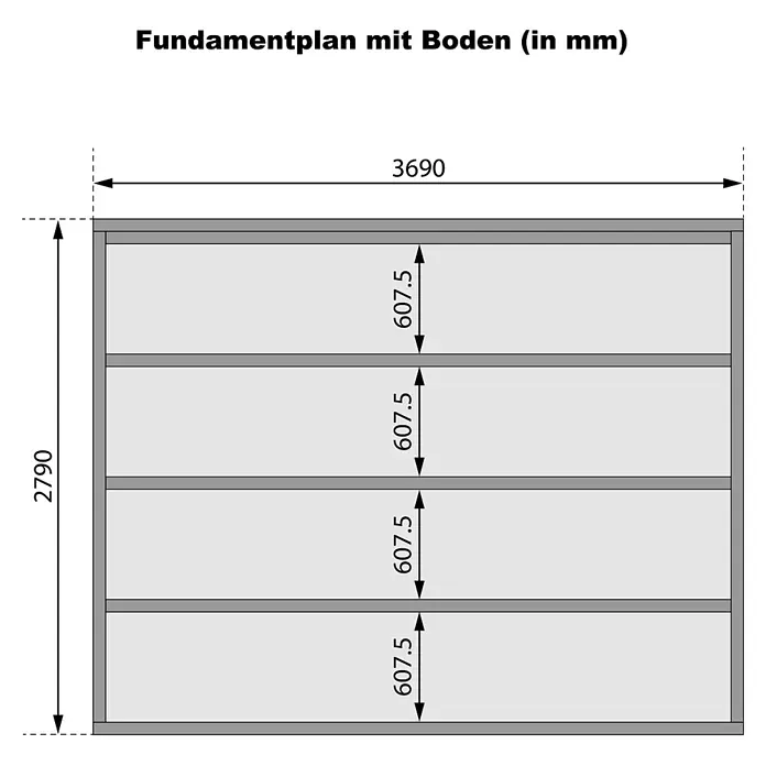Karibu Gartenhaus Felsenau 5 - Außenmaß inkl. Dachüberstand (B x T): 407 x 320 cm, Holz, Natur - Fundamentplan mit vier Ebenen, Gesamtmaße 3690x2790 mm, jede Ebene 607.5 mm hoch.