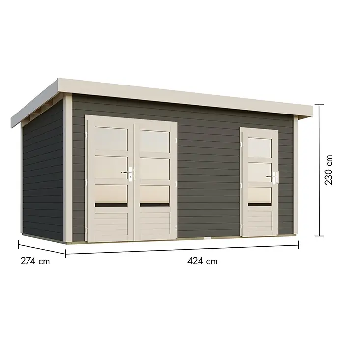 Karibu Gartenhaus Mattrup - Außenmaß inkl. Dachüberstand (B x T): 456 x 303 cm, Holz, Terragrau, Weiß - Dunkelgraues Holzgartenhaus mit beigem Besatz, Doppel- und Einzeltüren, Maße 424x274x230 cm.