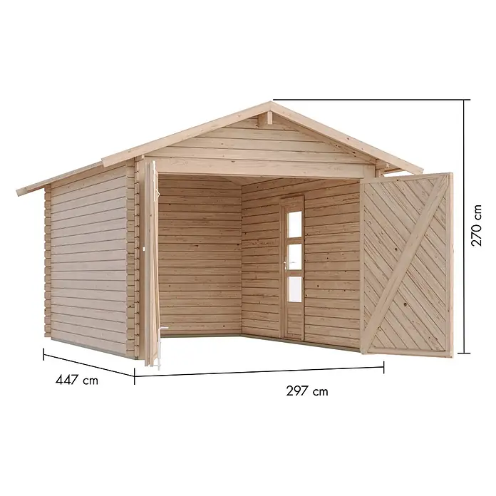 Karibu Garage - Holz, 12 m², Wandstärke: 28 mm - Garagenhaus aus hellem Naturholz mit offener Front, Seitentür und Abmessungen von 447 cm Breite, 297 cm Tiefe und 270 cm Höhe.