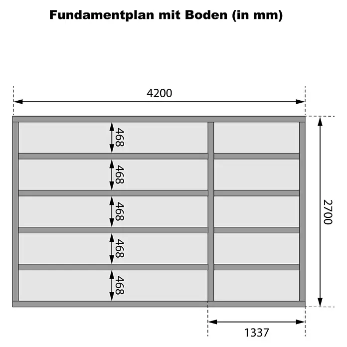 Karibu Gartenhaus Mattrup - Außenmaß inkl. Dachüberstand (B x T): 456 x 303 cm, Holz, Terragrau, Weiß - Technischer Plan eines Fundaments mit Boden, graue und hellgraue Linien, Maße in Millimetern.