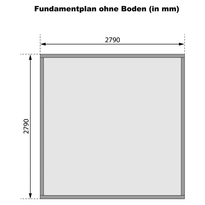 Karibu Gartenhaus Felsenau 3 - Außenmaß inkl. Dachüberstand (B x T): 320 x 320 cm, Holz, Natur - Quadratischer Fundamentplan, 2790x2790 mm, ohne Boden. Graue Struktur mit schwarzen Bemaßungen.