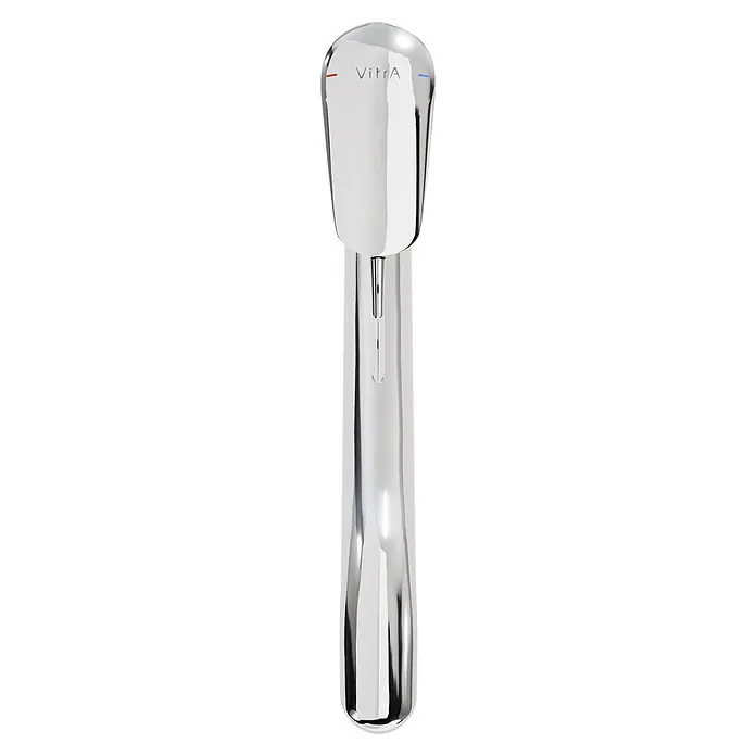 VitrA Flow Round Spültischarmatur - Höhe: 17,4 cm, Chrom, Glänzend - Verchromter Wasserspender mit VitrA-Logo und rot/blauem Temperaturanzeigen für heißes und kaltes Wasser.