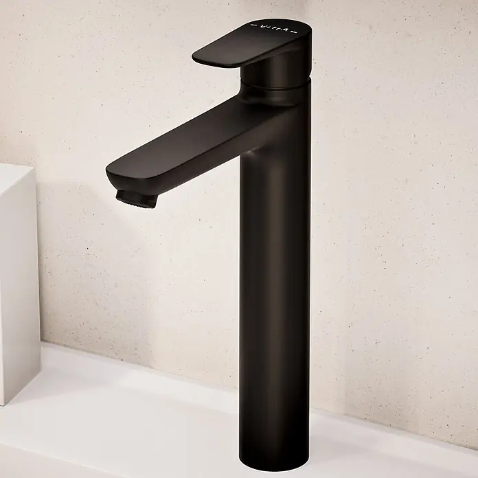 VitrA Flow Soft Waschtischarmatur - Höhe: 29,3 cm, Ohne Zugstange, Schwarz - Mattschwarze hohe Vitra Waschtischarmatur mit Einhebelmischer und schlankem Design.