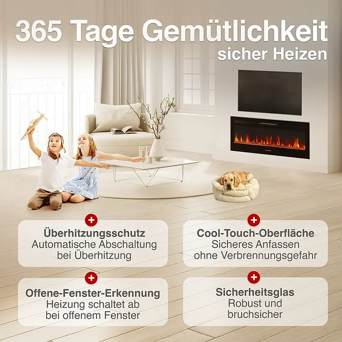 Elektrischer Kamin KAMINIO Marlon 42 - 11,9 x 107 x 46,6 cm, Schwarz - Elektrischer Kamin in Wohnzimmerumgebung. Kinder spielen sicher vor dem Kamin. Highlights: Überhitzungsschutz, Cool-Touch, Fenster-Erkennung, Sicherheitsglas.