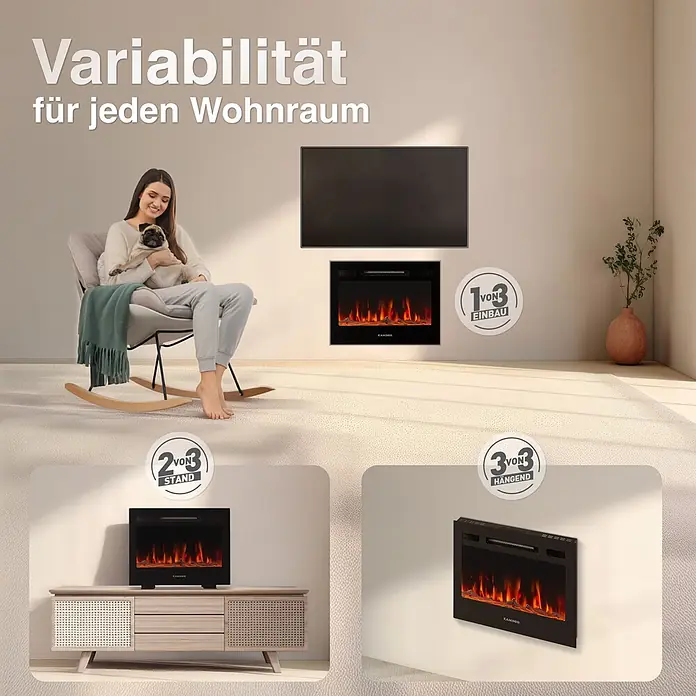 Elektrischer Kamin KAMINIO Lea 24 - 20 x 61 x 43 cm, Schwarz - Vielseitiger Elektrokamin, eingebaut, freistehend und wandmontiert in modernem Wohnambiente.