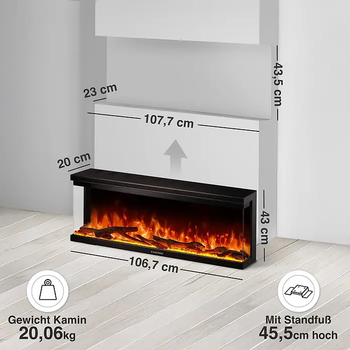 Elektrischer Kamin KAMINIO Lea 42 - 20 x 106,7 x 43 cm, Schwarz - Schwarzer Elektrokamin mit Flammeneffekt, Maßen 106,7x45,5x20 cm und 20,06 kg Gewicht.