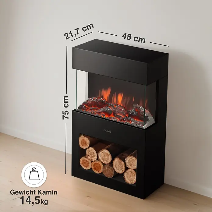 Elektrischer Kamin KAMINIO Henri - 21,7 x 48 x 75 cm, Schwarz - Schwarzer Elektrokamin mit realistischem Flammeneffekt und Holzlager. Maße: 75cm H x 48cm B x 21,7cm T. Gewicht: 14,5kg.