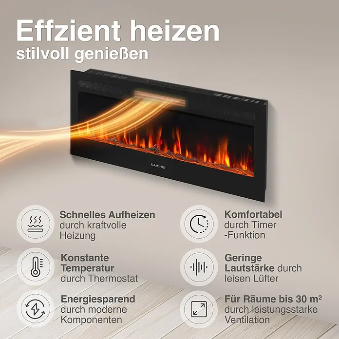 Elektrischer Kamin KAMINIO Marlon 42 - 11,9 x 107 x 46,6 cm, Schwarz - Schwarzer elektrischer Kamineinsatz an der Wand, zeigt realistische Flammen und stößt warme Luft aus, betont Heizfunktion.