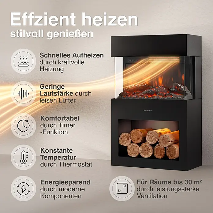 Elektrischer Kamin KAMINIO Henri - 21,7 x 48 x 75 cm, Schwarz - Schwarzer Kaminio Elektrokamin, der effizient und leise Räume bis 30 m² heizt, ausgestattet mit Timer und Thermostat für Komfort.