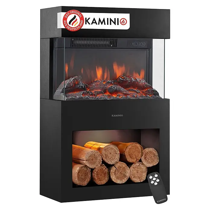 Elektrischer Kamin KAMINIO Henri - 21,7 x 48 x 75 cm, Schwarz - Schwarzer Elektrokamin mit realistischem Flammeneffekt, Kunstholzscheiten und integriertem Holzfach. Inklusive Fernbedienung.