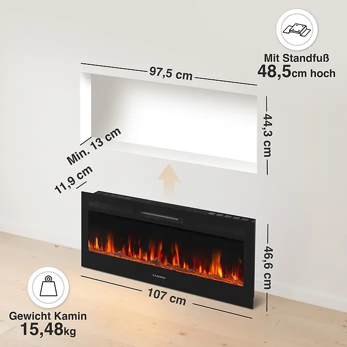 Elektrischer Kamin KAMINIO Marlon 42 - 11,9 x 107 x 46,6 cm, Schwarz - Schwarzer Elektrokamin mit realistischen Flammen, dargestellt mit Einbaumaßen für eine Wandnische.
