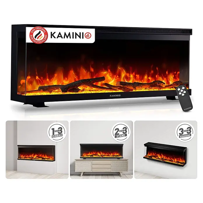 Elektrischer Kamin KAMINIO Lea 42 - 20 x 106,7 x 43 cm, Schwarz - Schwarzer Elektrokamin mit realistischen Flammen, Holzscheiten und Fernbedienung. Zeigt Einbau-, Stand- und Hängend-Optionen.