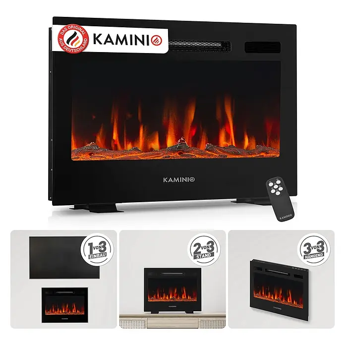 Elektrischer Kamin KAMINIO Marlon 30 - 11,9 x 72 x 46,6 cm, Schwarz - Schwarzer Elektrokamin mit realistischem Flammeneffekt und Fernbedienung, als Einbau-, Stand- und Wandmodell gezeigt.