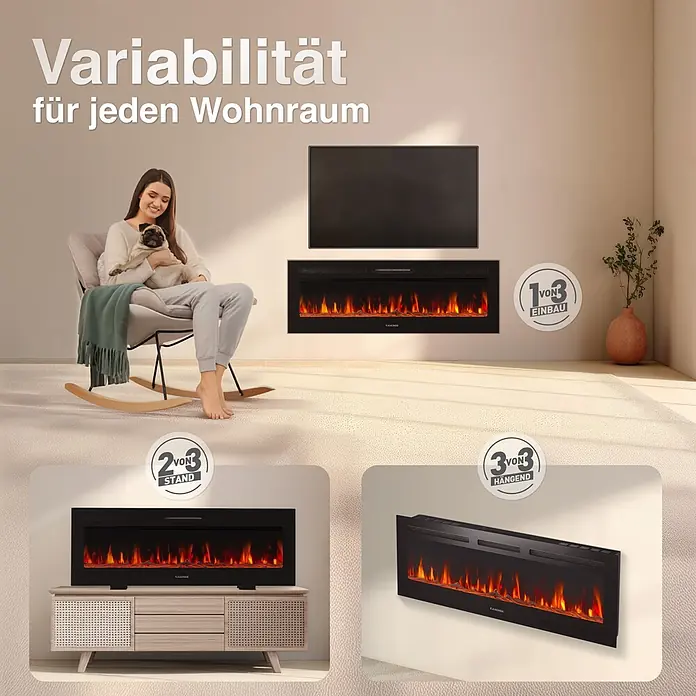 Elektrischer Kamin KAMINIO Marlon 50 - 11,9 x 127 x 46,6 cm, Schwarz - Schwarzer Elektrokamin in drei Installationsarten gezeigt: eingebaut, auf Ständer und wandmontiert.
