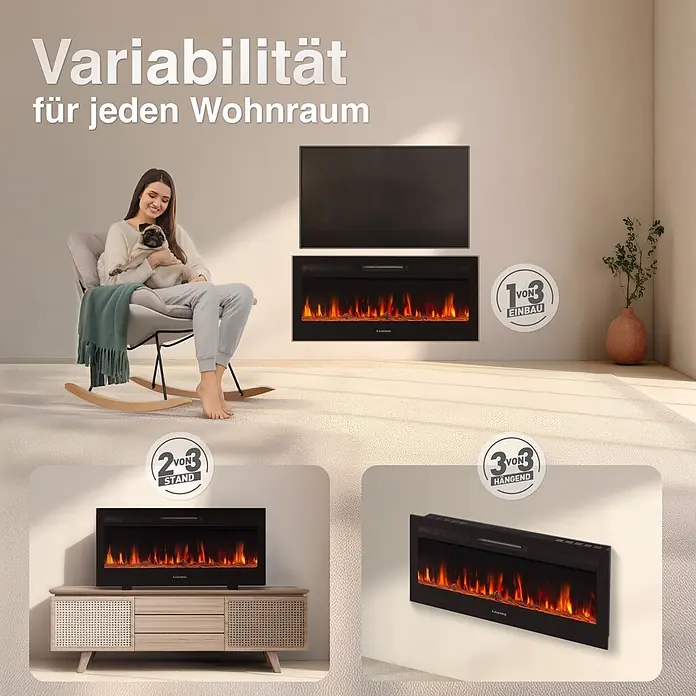 Elektrischer Kamin KAMINIO Marlon 42 - 11,9 x 107 x 46,6 cm, Schwarz - Schwarzer Elektrokamin mit drei Installationsoptionen: Einbau, freistehend auf einem Schrank und wandmontiert im modernen Wohnzimmer.