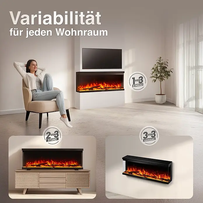 Elektrischer Kamin KAMINIO Lea 42 - 20 x 106,7 x 43 cm, Schwarz - Schwarzer Elektrokamin mit drei Installationsoptionen: eingebaut, freistehend auf Konsole und wandmontiert, mit realistischen Flammen und Holzscheiten.