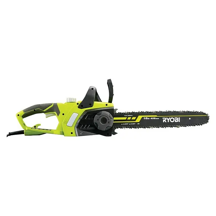 Ryobi Motosierra eléctrica RCS2340B - 2.300 W, Longitud de la cuchilla: 40 cm - Aquí hay una motosierra Ryobi. La herramienta eléctrica es amarilla y negra y está diseñada para trabajos de madera en el jardín o en el bosque.