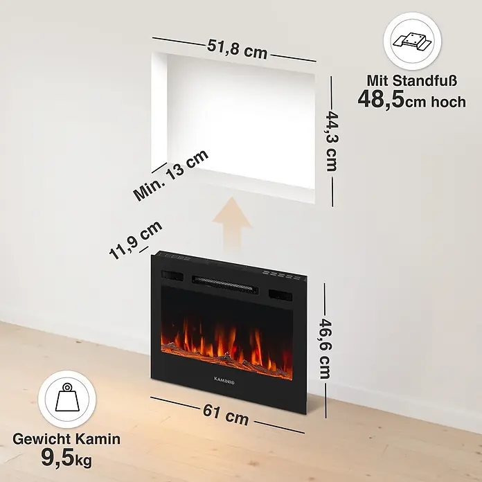 Elektrischer Kamin KAMINIO Lea 24 - 20 x 61 x 43 cm, Schwarz - Schwarzer Elektrokamin mit detaillierten Maßen für den Einbau, inklusive Ausschnittgröße, Kamingröße, Gewicht und Höhe mit Standfuß.