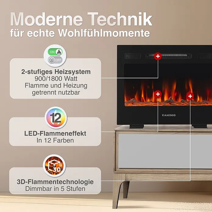 Elektrischer Kamin KAMINIO Lea 24 - 20 x 61 x 43 cm, Schwarz - Moderner schwarzer Elektrokamin mit dynamischen, realistischen Flammen, auf einem hellen Holzschrank platziert.
